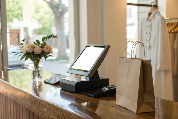 A checkout counter POS system for no monthly fee credit card processing.