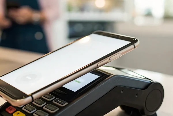 A smartphone accepts a credit card payment using a mobile card machine.