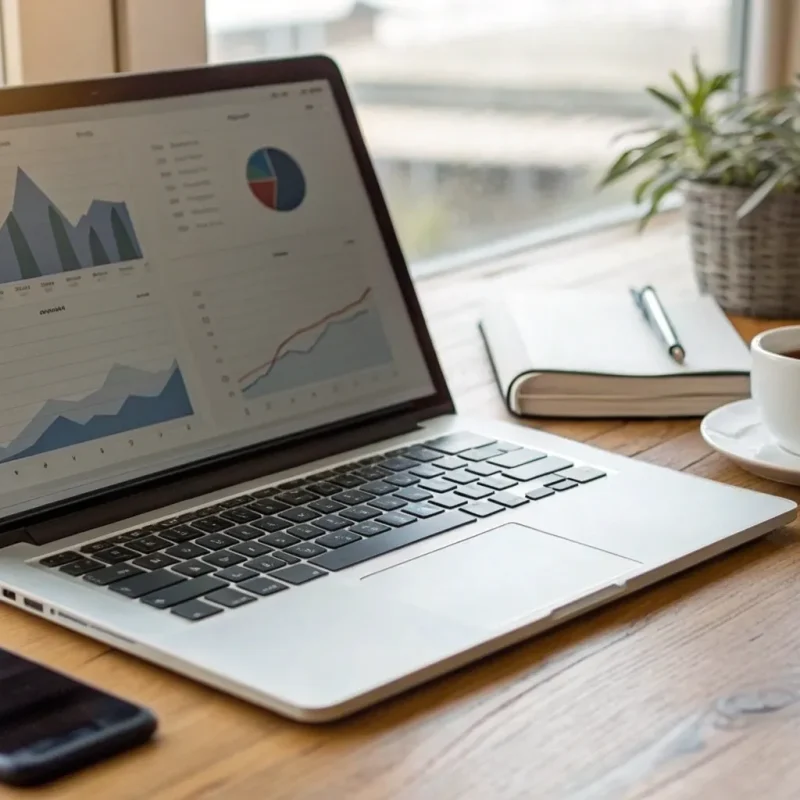 Laptop with charts and graphs comparing the best online merchant services for a small business.