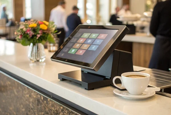 A POS system on a restaurant counter, reviewed in a list of the best systems for restaurants.