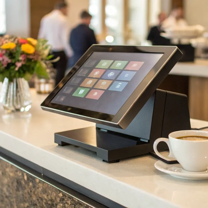 A POS system on a restaurant counter, reviewed in a list of the best systems for restaurants.