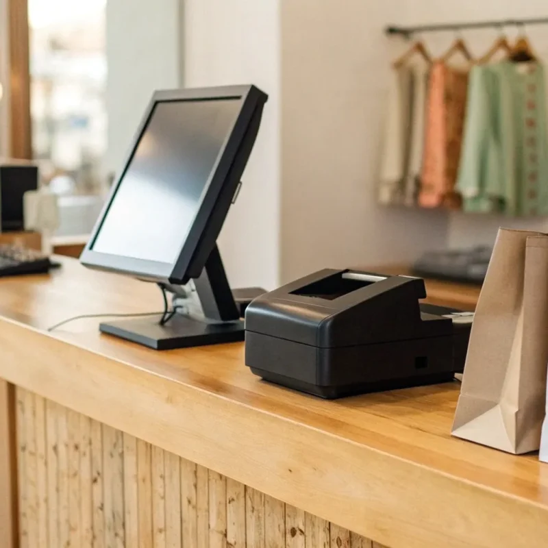 A retail POS system for a small business on a counter with shopping bags and clothes.