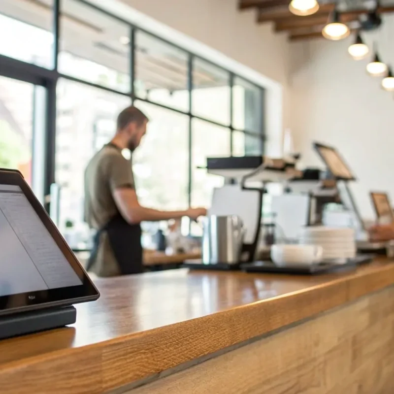 A server using a restaurant point of sale system on a counter to process an order.