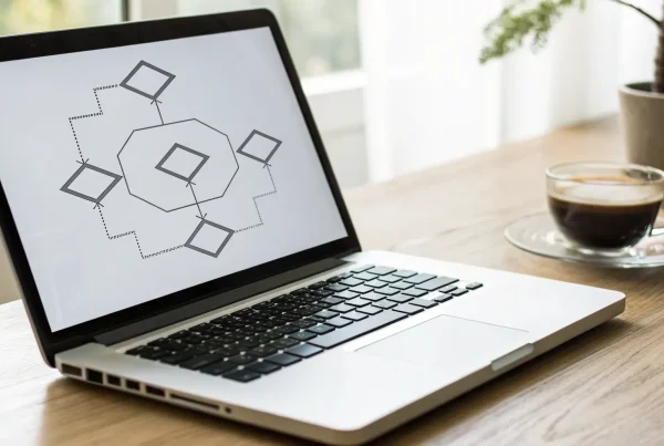 A flowchart on a laptop showing the steps to open an online merchant account.