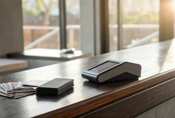 Credit card terminal on a counter, chosen from a list of credit card processing companies.