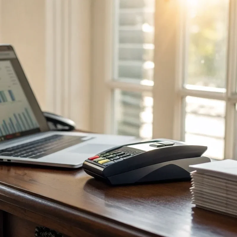 A business desk with a laptop and card terminal for payment processing.