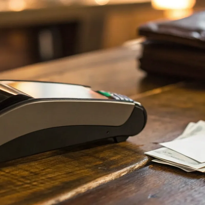 A free credit card processing machine on a counter next to a wallet and cash.