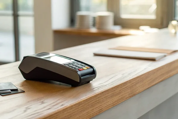 A small business credit card machine on a counter, ready for customer payments.