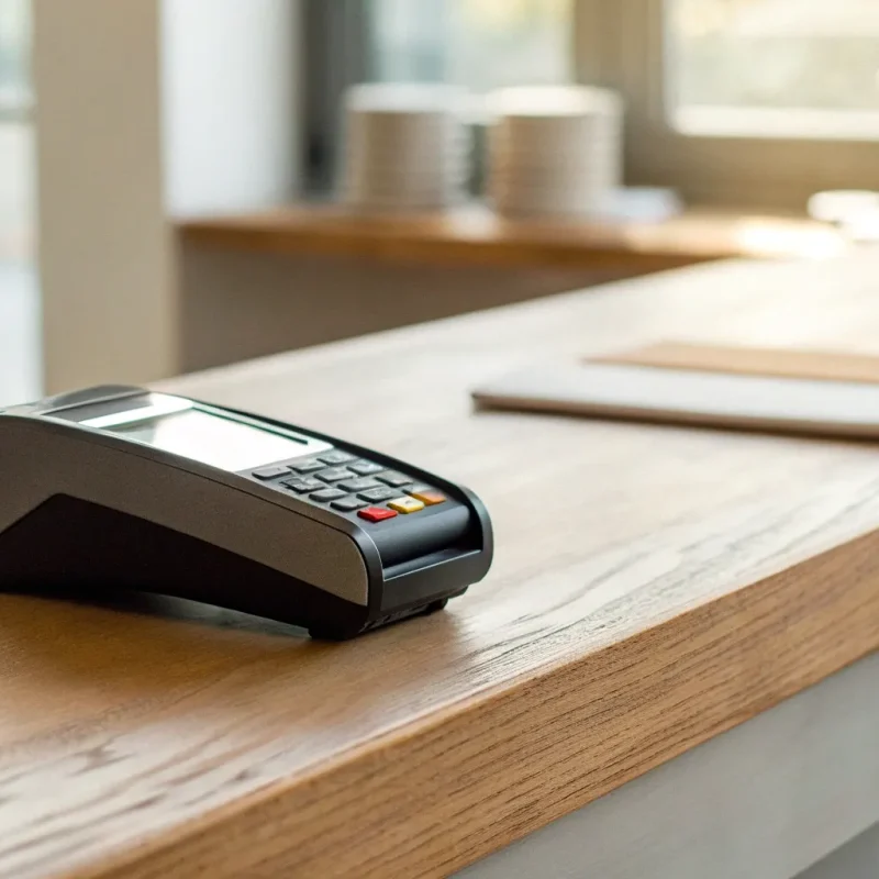 A small business credit card machine on a counter, ready for customer payments.