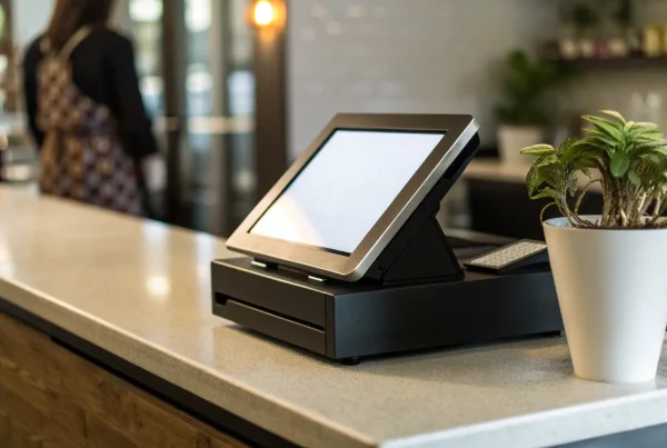 A modern POS system on a counter, an option from a list of the best systems for a small business.