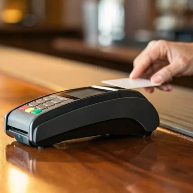 A small business taking a credit card payment with a portable card machine.