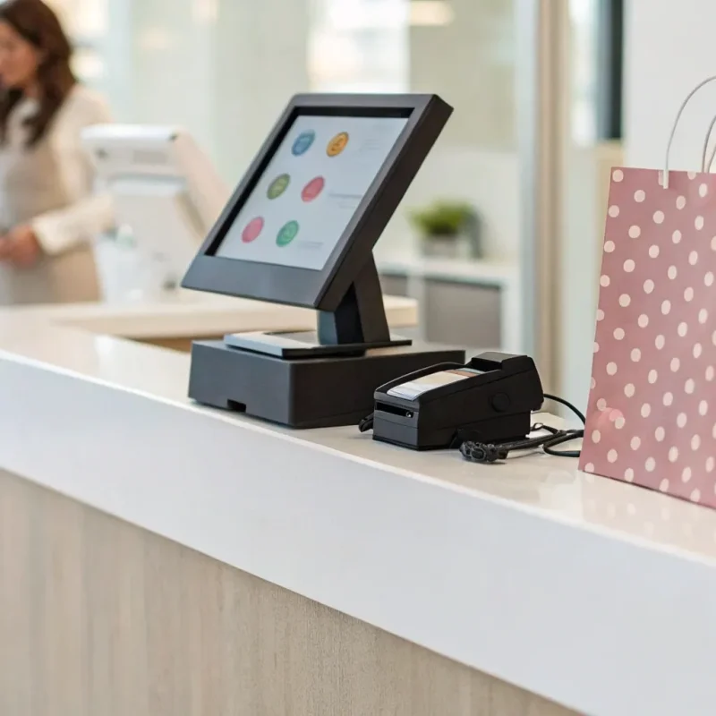 A point of sale system for retail with a payment terminal and touchscreen on a checkout counter.