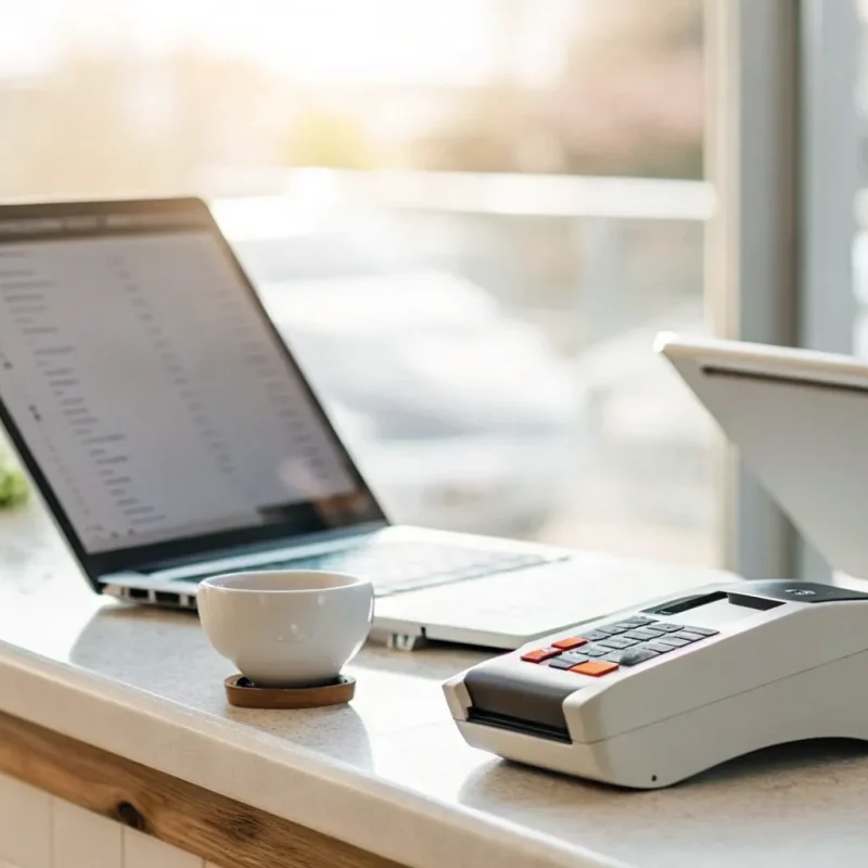 A POS terminal and card reader used for merchant services in banking.