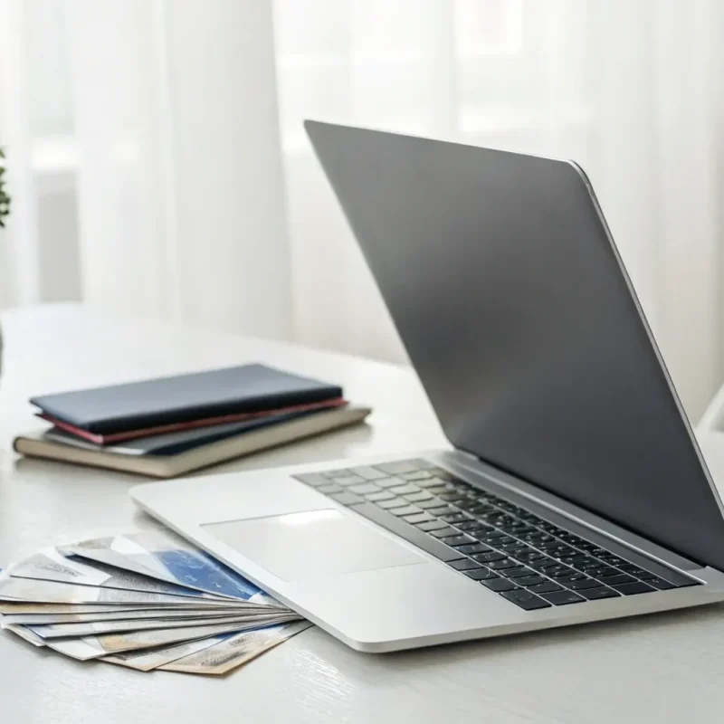 A laptop and credit cards on a desk for a merchant learning about credit card processing services.