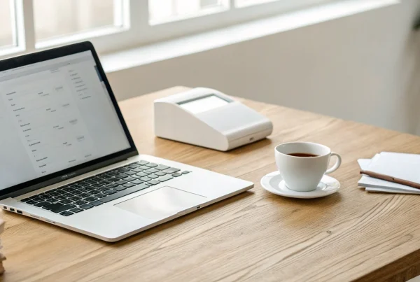 Small business owner researching the cheapest online payment processing on a laptop next to a receipt printer.