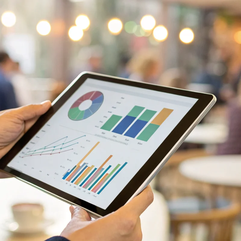 A tablet screen with charts and graphs showing dual pricing examples.