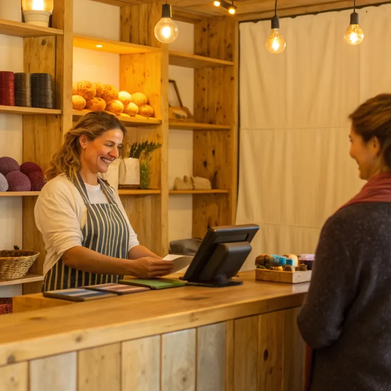 A small business owner reviews credit card processing fees while accepting a customer's payment.