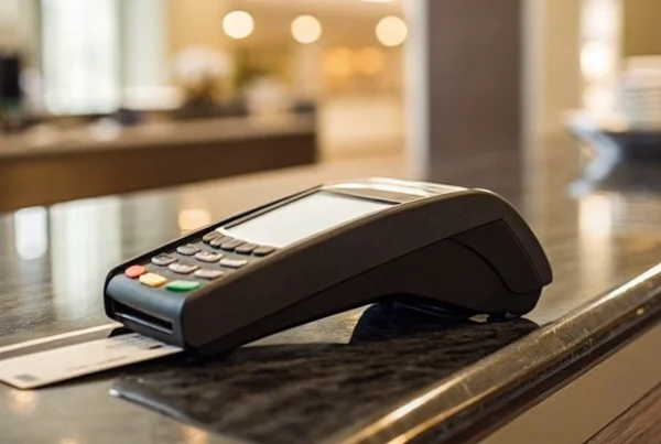A business credit card terminal processing a secure chip card payment.