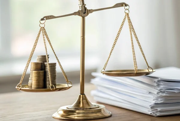 A scale weighing the advantages and disadvantages of dual pricing with coins and documents.
