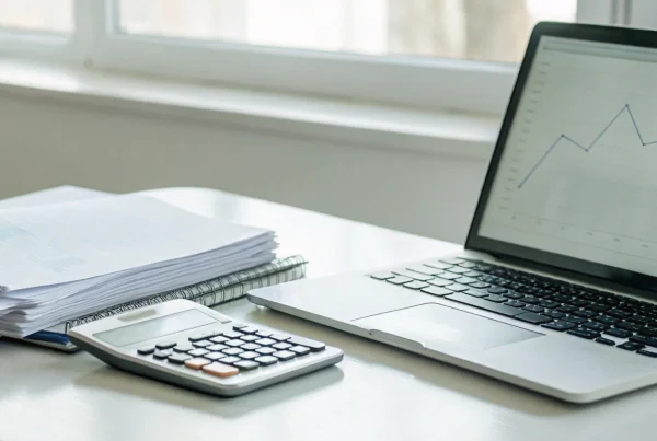 Comparing dual pricing vs surcharge on a laptop with a calculator and financial documents.