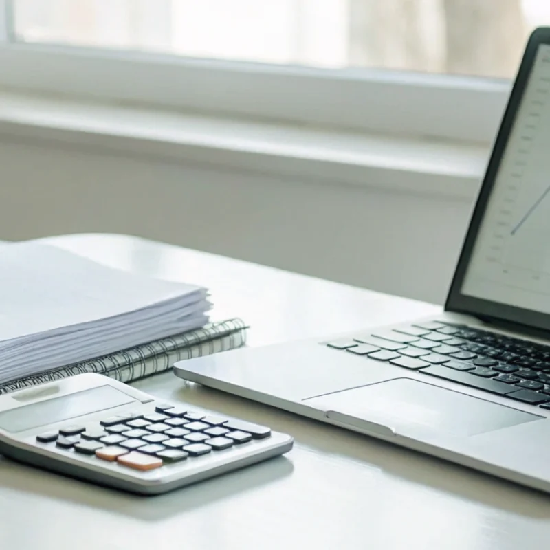 Comparing dual pricing vs surcharge on a laptop with a calculator and financial documents.