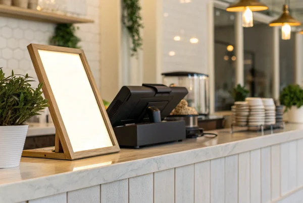 Dual pricing signage template on a cafe counter next to a POS system.