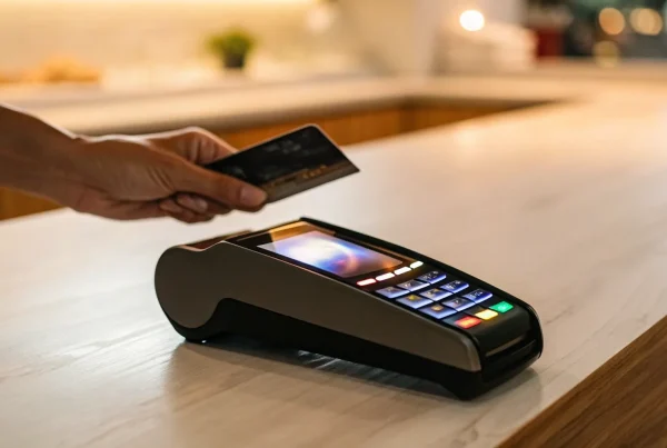 A wireless credit card processing terminal accepting a contactless payment.