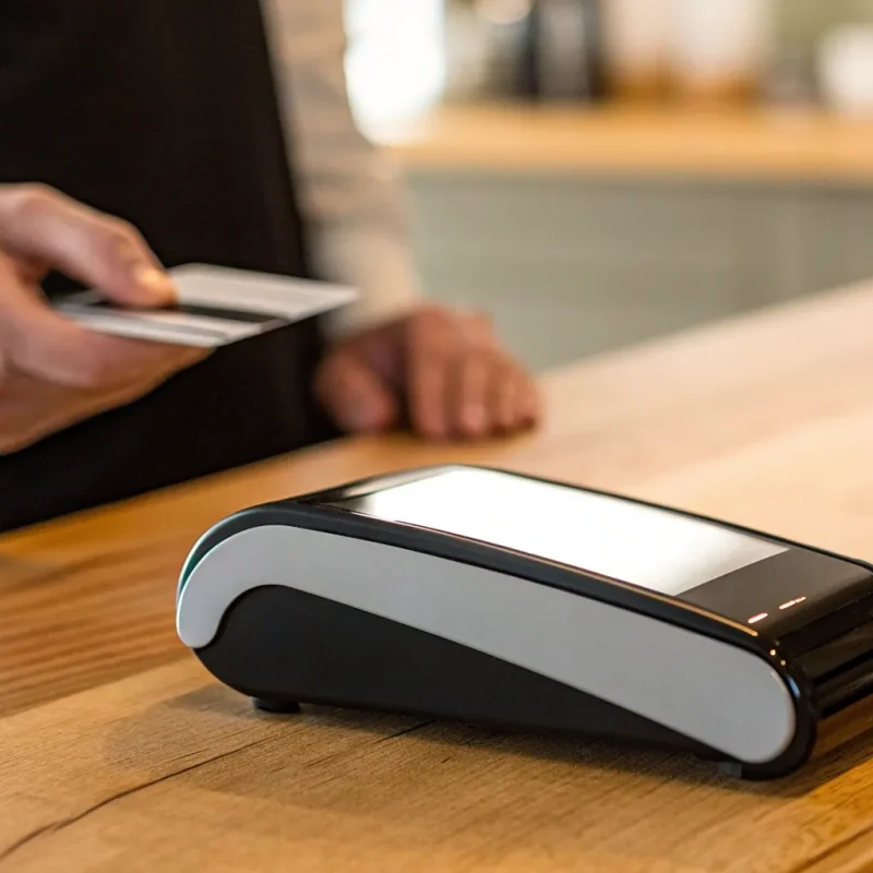 A customer makes a contactless payment by tapping their card on a payment terminal.
