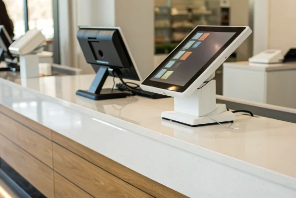 A point-of-sale system on a counter showing a dual pricing receipt.