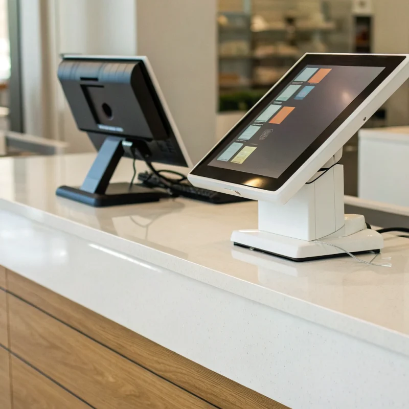 A point-of-sale system on a counter showing a dual pricing receipt.