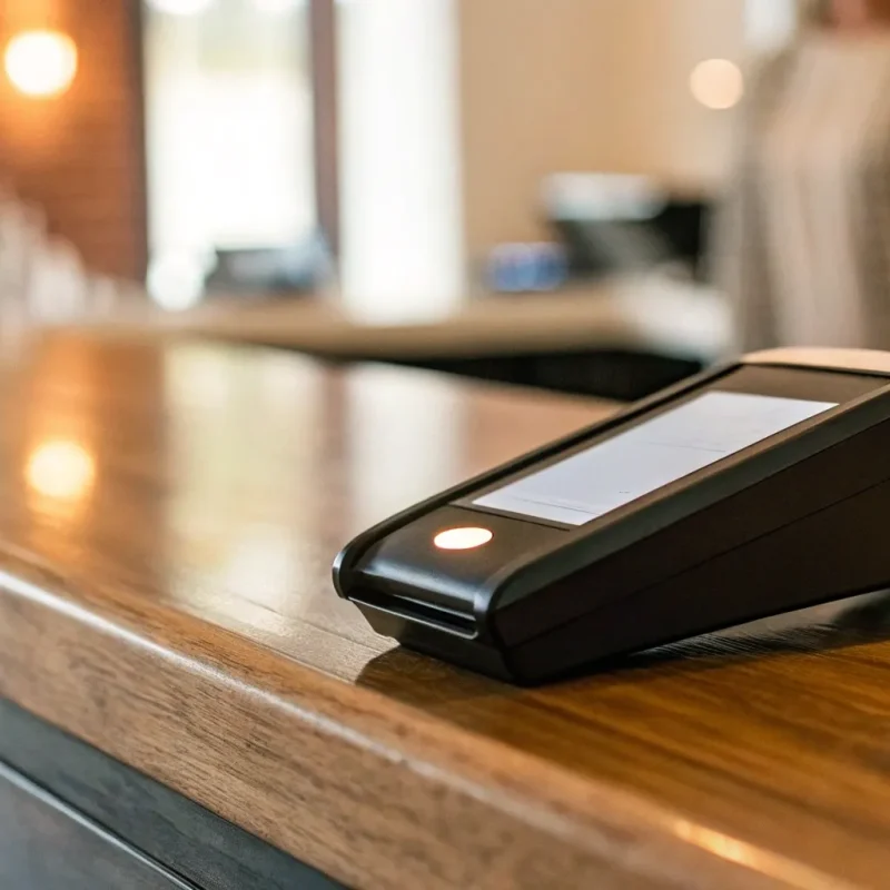 A point-of-sale system for processing electronic payments from a payments company.