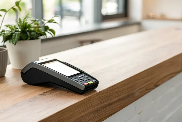 A wireless credit card terminal on a counter ready to process a payment.