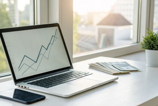 A laptop showing a graph of the fastest payment processor performance, with a smartphone and cash.