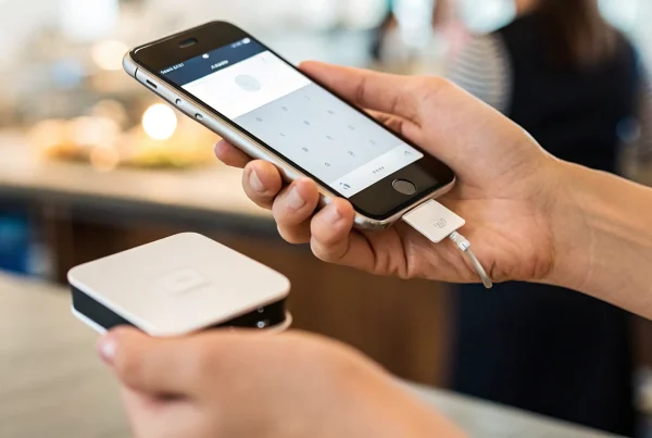 An EMV reader connected to an iPhone for accepting a secure credit card payment.