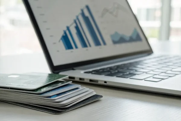 Credit cards beside a laptop with charts comparing the best no fee merchant accounts.