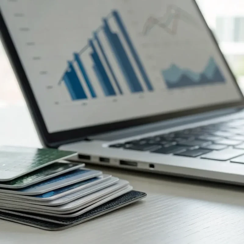 Credit cards beside a laptop with charts comparing the best no fee merchant accounts.