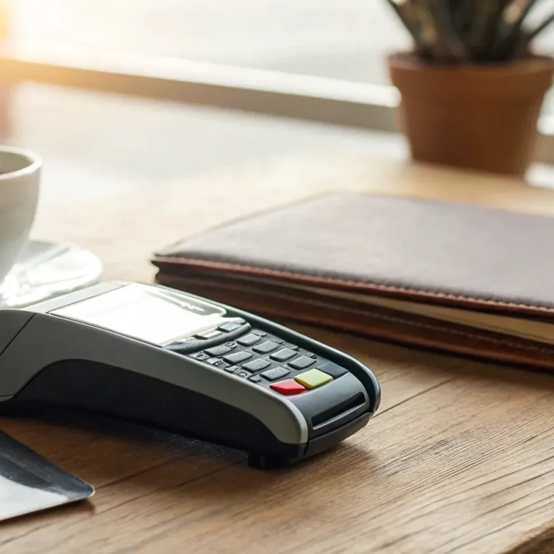 A small business using a terminal for simple flat rate credit card processing.