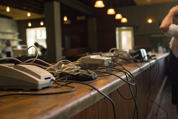 An old restaurant POS system with tangled wires slowing down frustrated employees.
