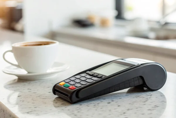 How a wireless credit card terminal works, with a machine on a counter ready for a business transaction.