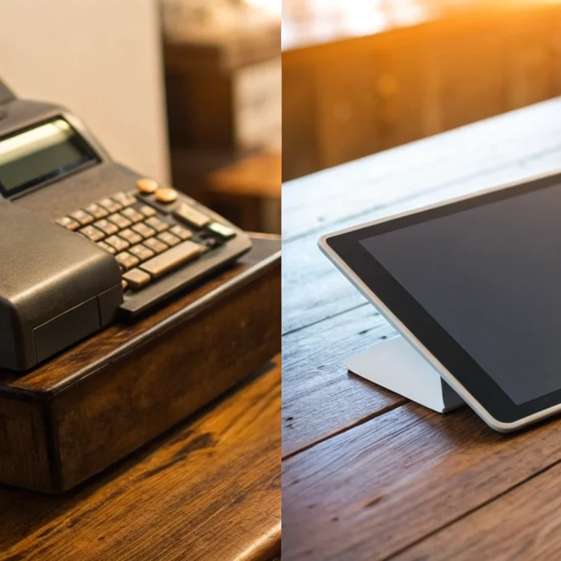 Legacy POS systems compared to a modern cloud POS on a tablet.