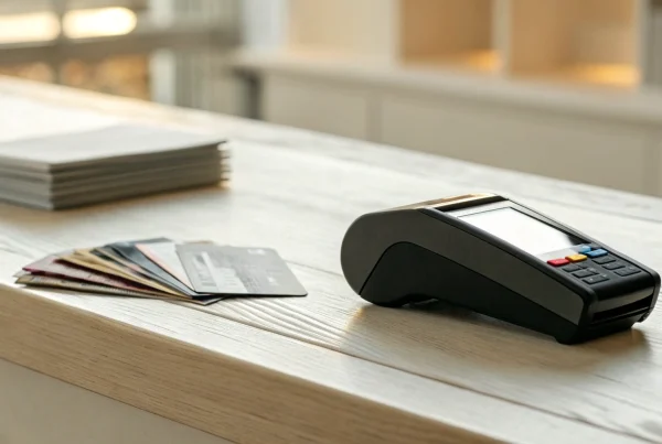 A merchant's credit card terminal for processing payments and managing their services login.