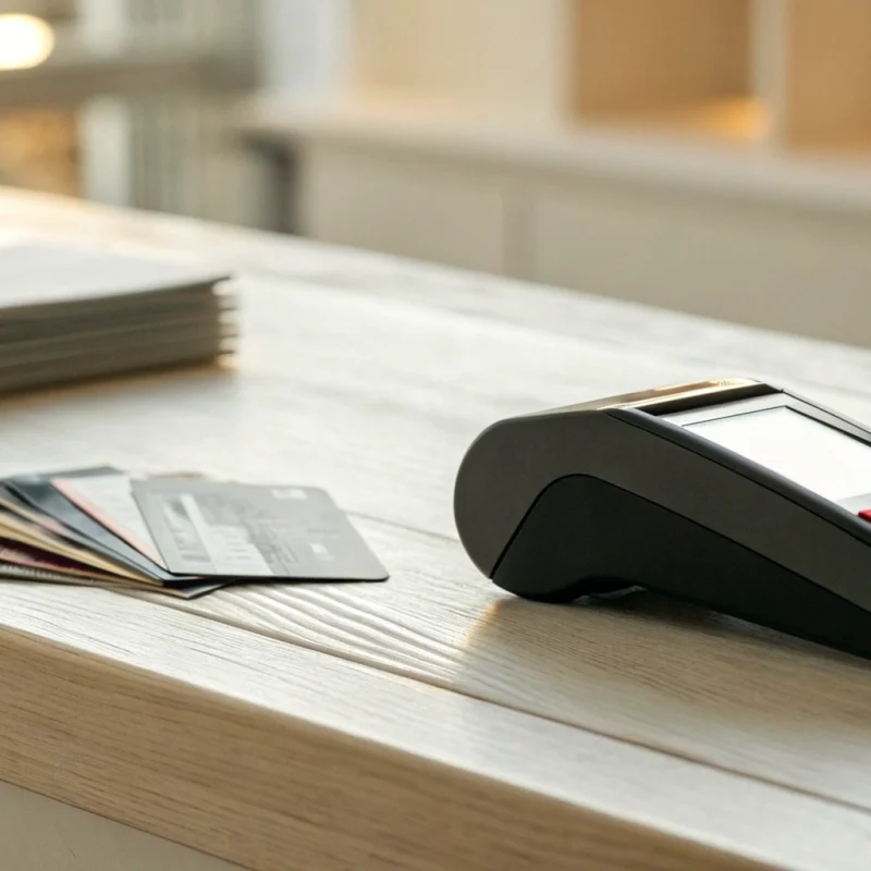 A merchant's credit card terminal for processing payments and managing their services login.