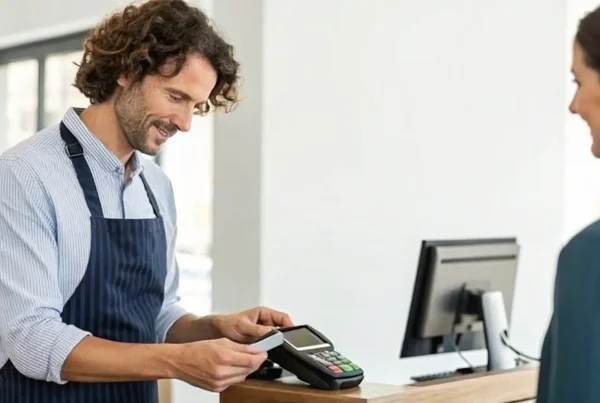 Small business owner accepts credit cards from a customer at their shop's checkout.