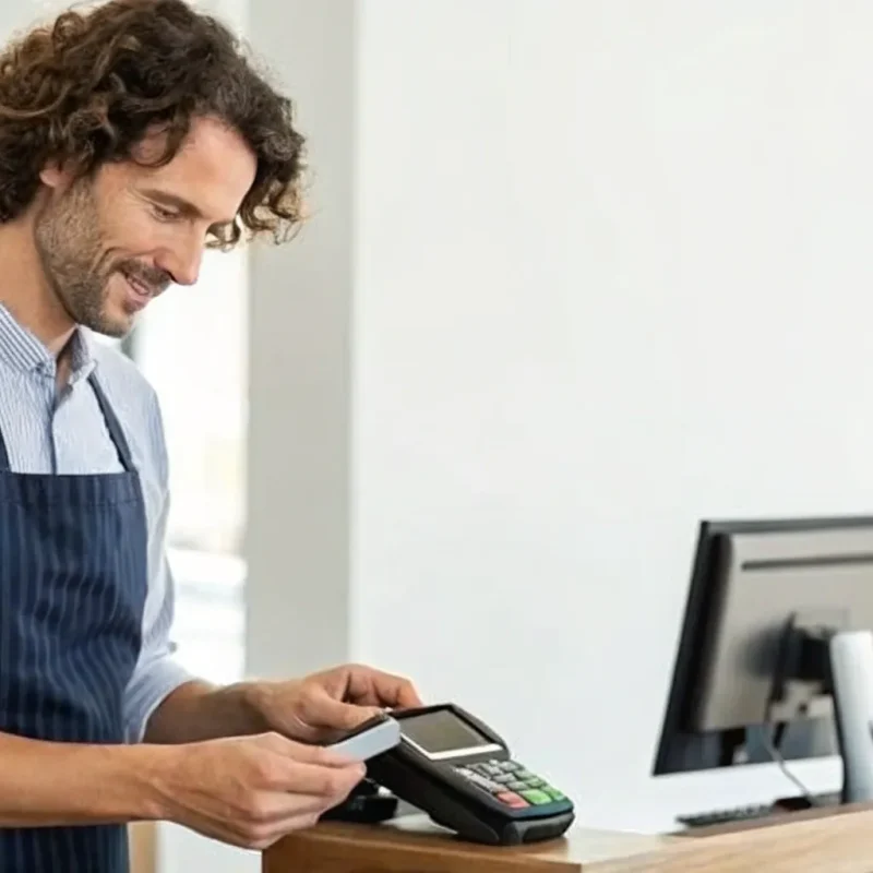 Small business owner accepts credit cards from a customer at their shop's checkout.