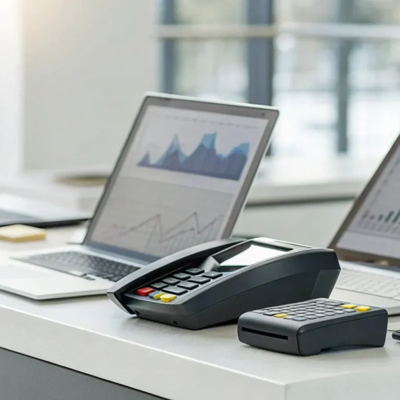 A payment terminal and laptop used to compare the best secure payment processing companies.