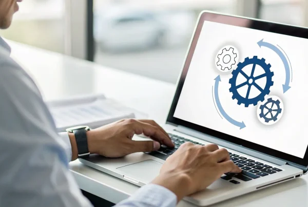 Laptop screen with a diagram of gears and arrows showing how a transaction is processing.