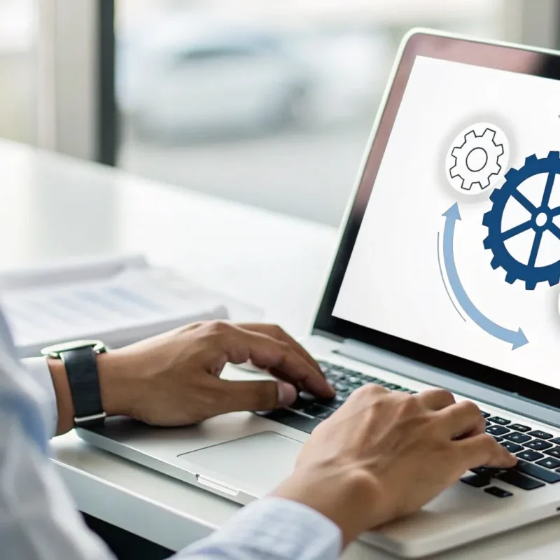 Laptop screen with a diagram of gears and arrows showing how a transaction is processing.