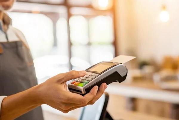 Business owner holding a card reader for their easy approval merchant account.