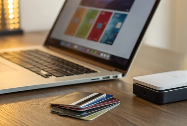 A Shopify merchant sets up their card processor account on a laptop.