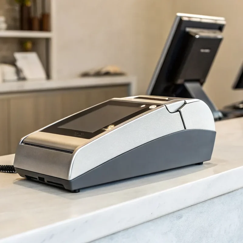 Contactless credit card machine for a retail store checkout counter.